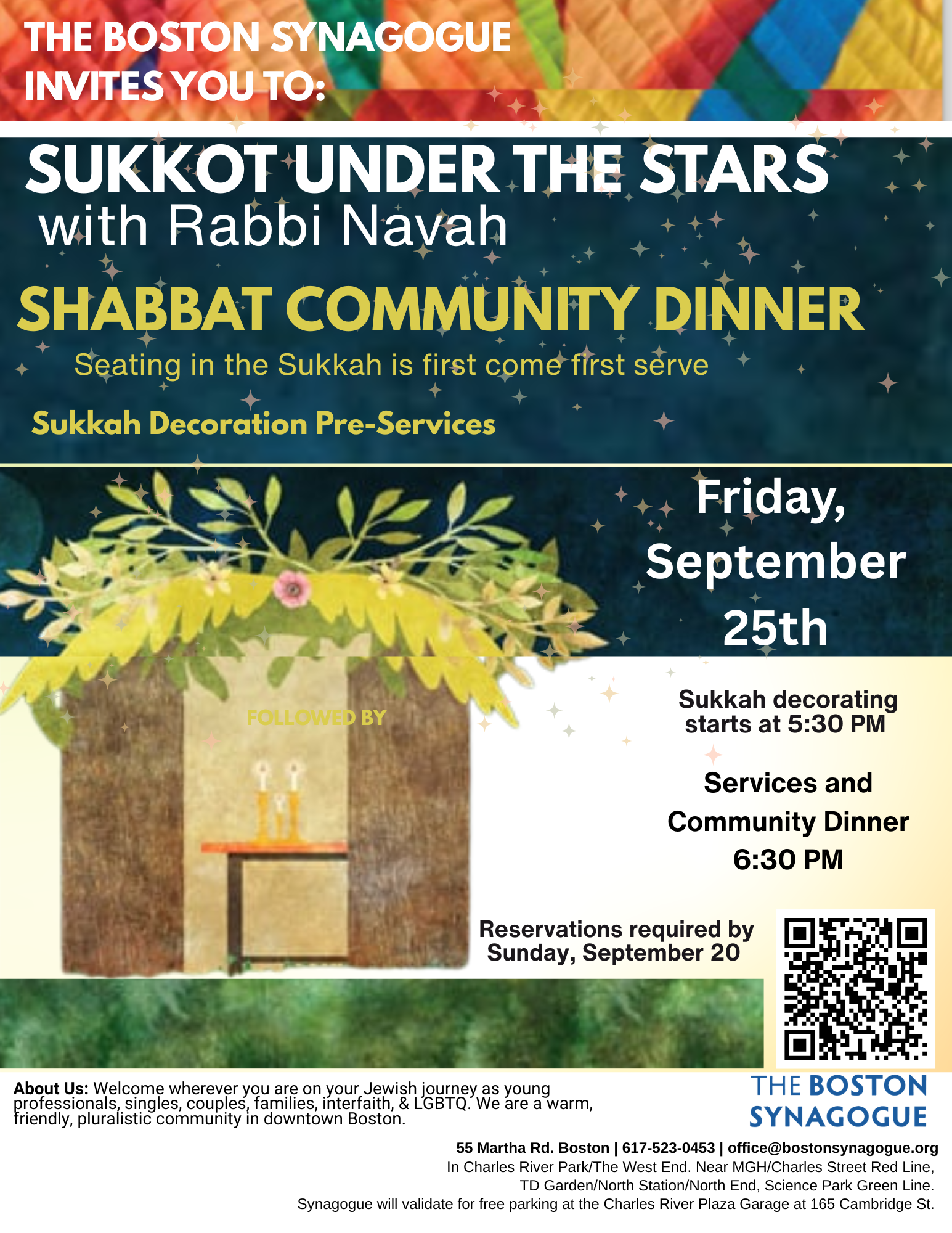 Join Rabbi Navah for Shabbat services, then a lovely Dinner Under the Stars in our Sukkah!